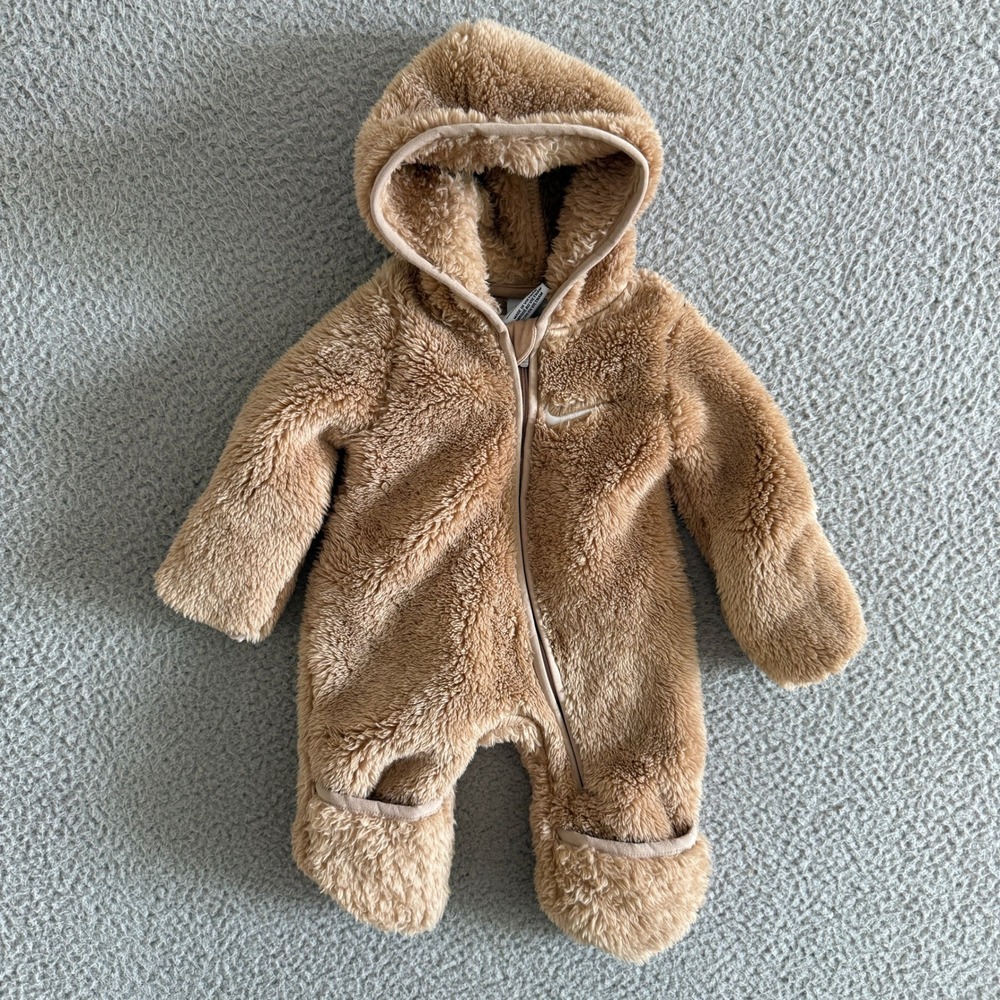 Nike Newborn Sherpa Fleece Hooded Bunting Tan Brown Full Zip One Piece Baby